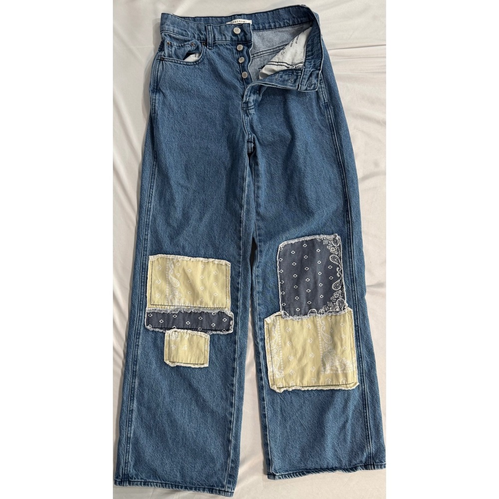 PacSun Baggy Jeans Womens 26 Blue Denim Bandana Patchwork High Rise Wide Leg